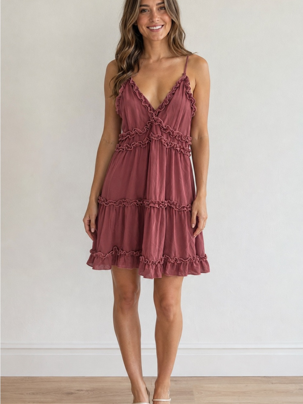 Spaghetti Strap Ruffle Tiered Mini Dress in Dusty Rose